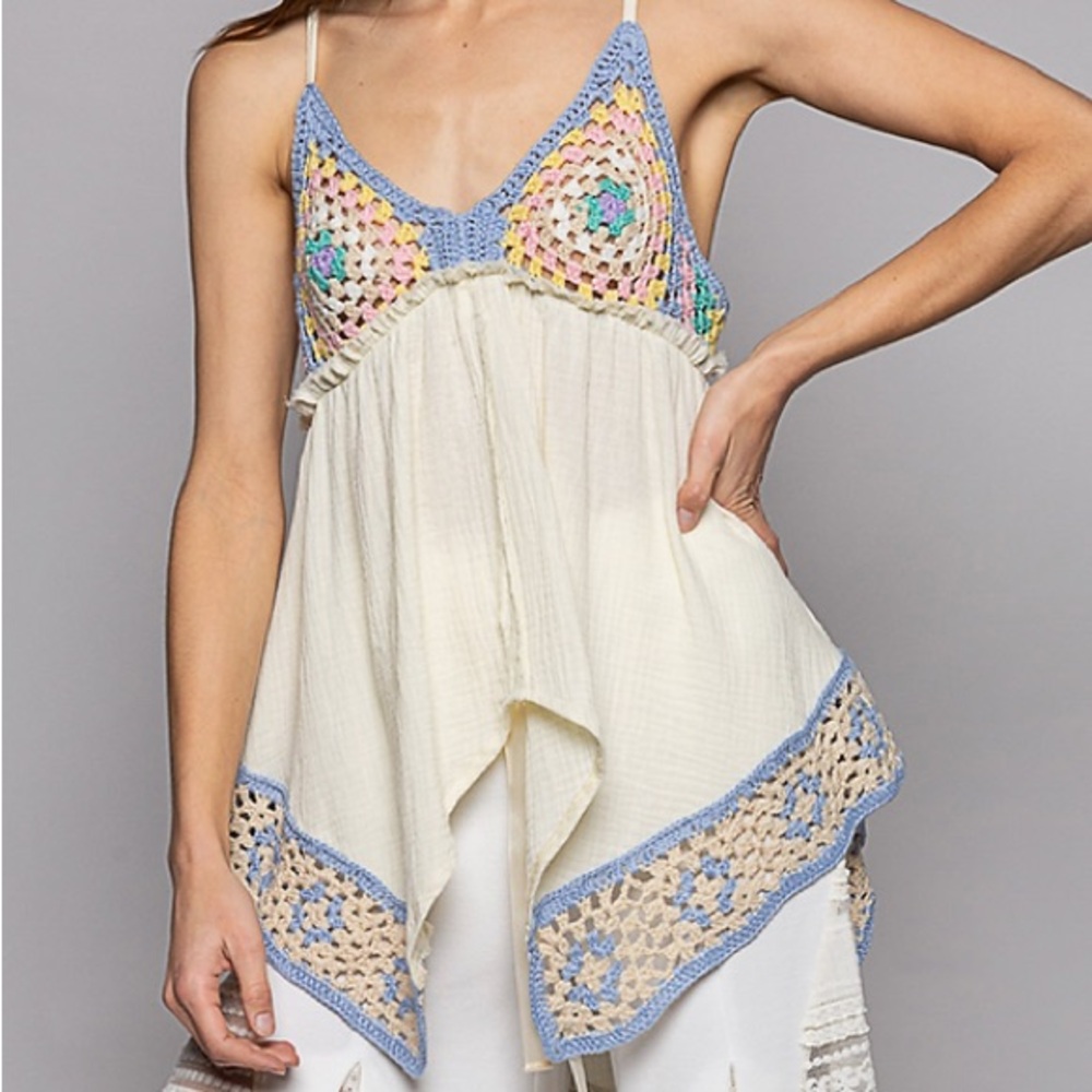 POL Cream Top with Blue and Yellow Crochet Accents